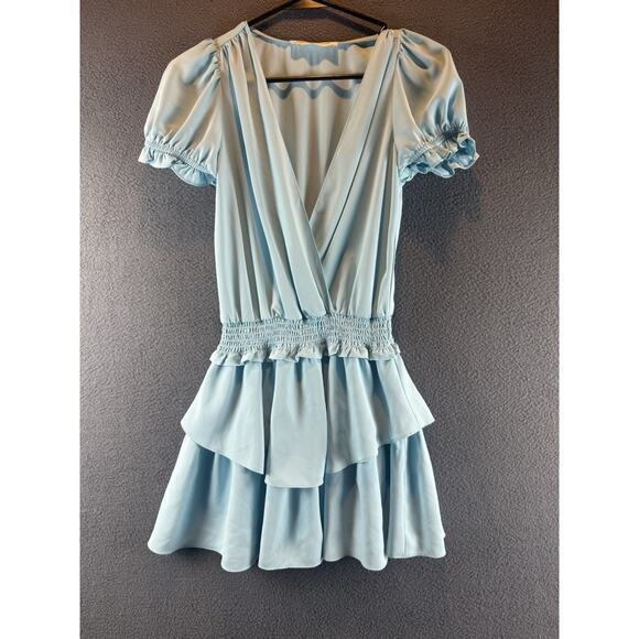 Amanda Uprichard Dresses & Skirts - Amanda Uprichard Light Blue Dress XS V Neck Ruffle Smocked Mini Party